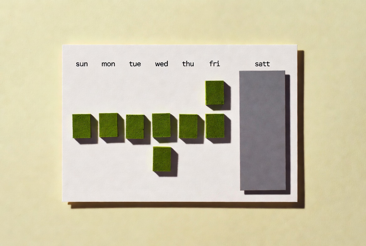 A weekly calendar of small green blocks Sunday to Friday next to one large grey block on Saturday.