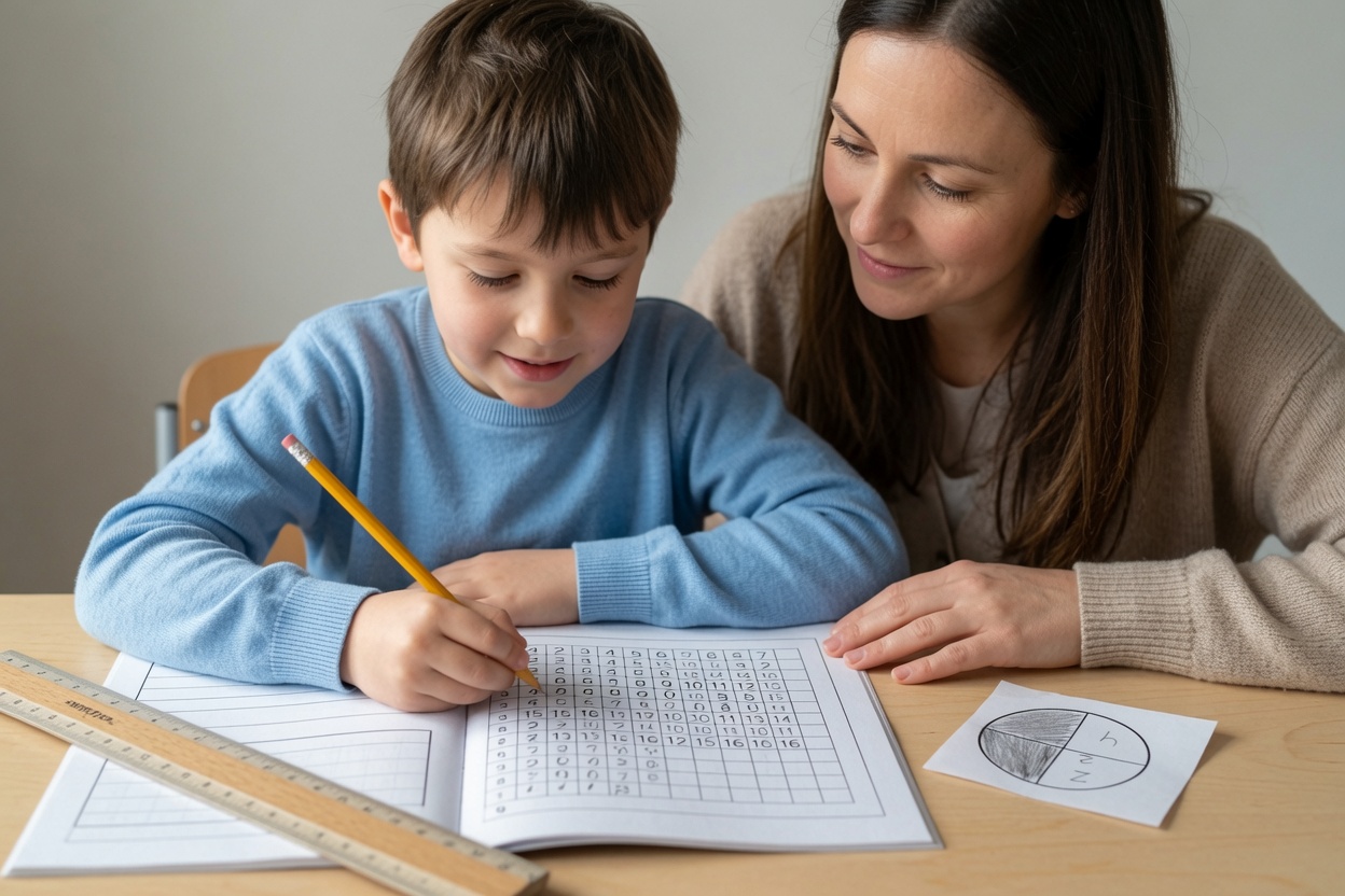 A boy fills in a times-tables grid in pencil while his mother looks on, a fraction diagram beside them.