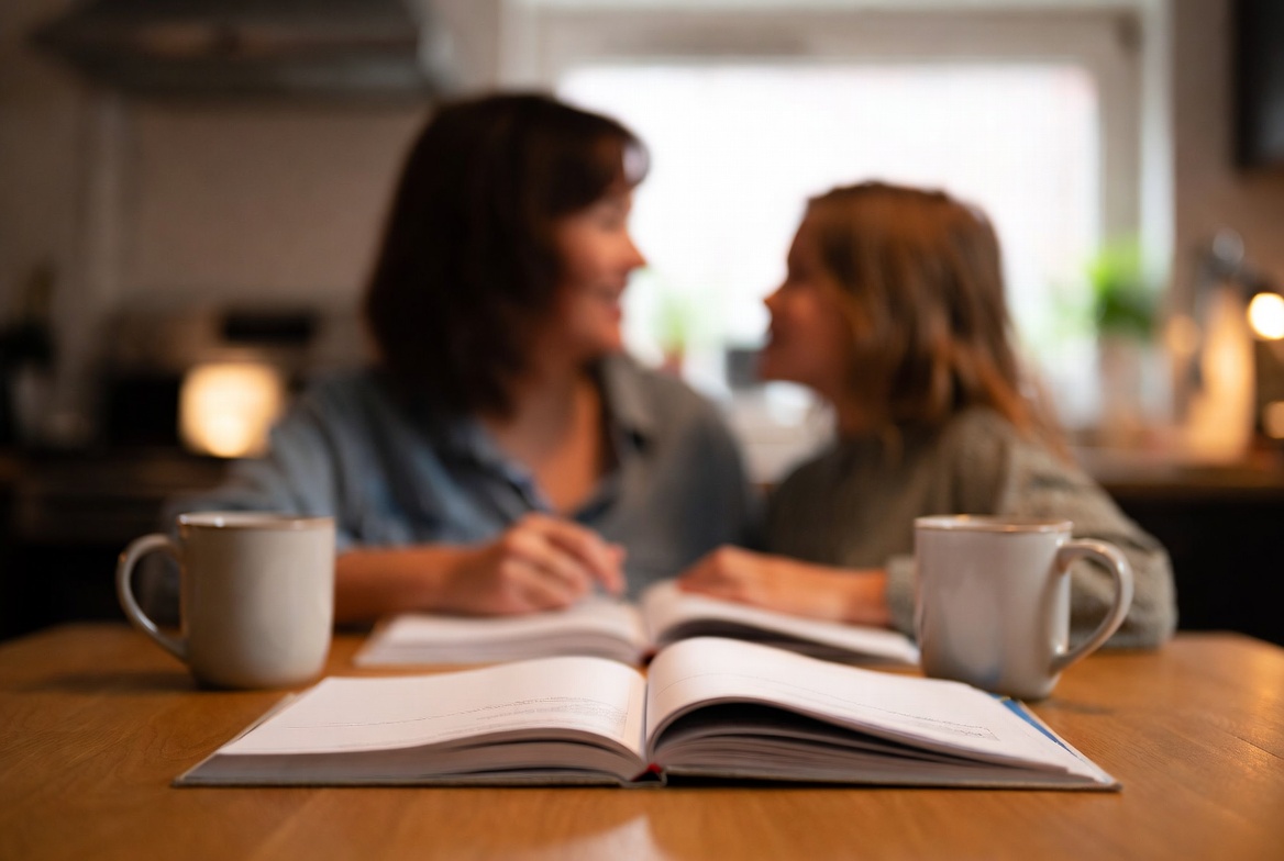 An open workbook and two mugs in focus, with a mother and daughter talking warmly in the background.