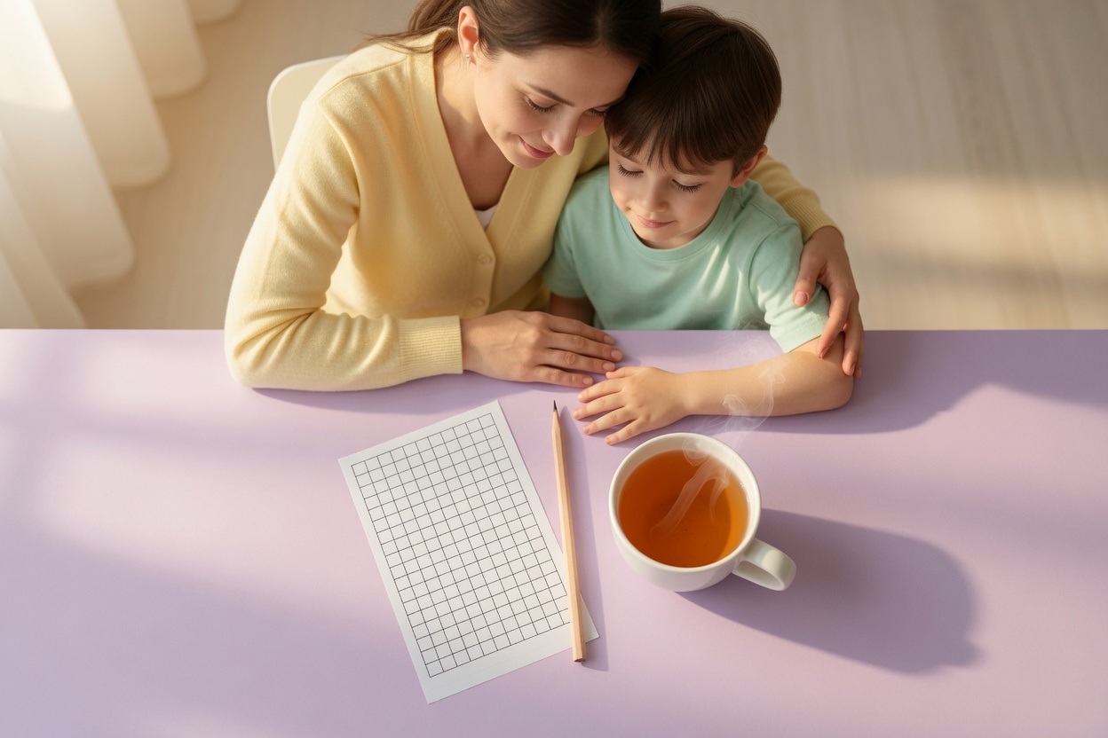 A calm overhead scene of a parent with an arm around a child, a blank answer grid, pencil and cup of tea on the table.